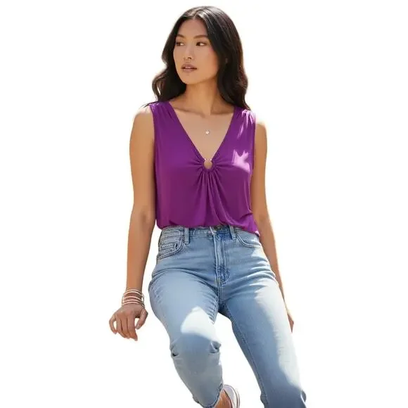 WHBM Purple Sleeveless V‑Neck Circle Detail Stretch Top Women’s S EUC - Picture 8 of 8